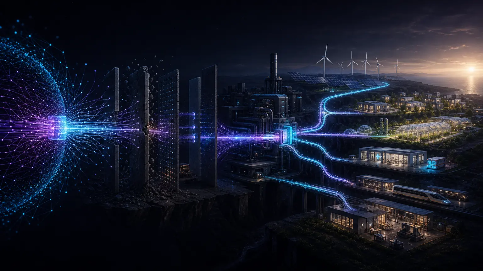 Intelligence moving through physical and institutional gates toward shared human access