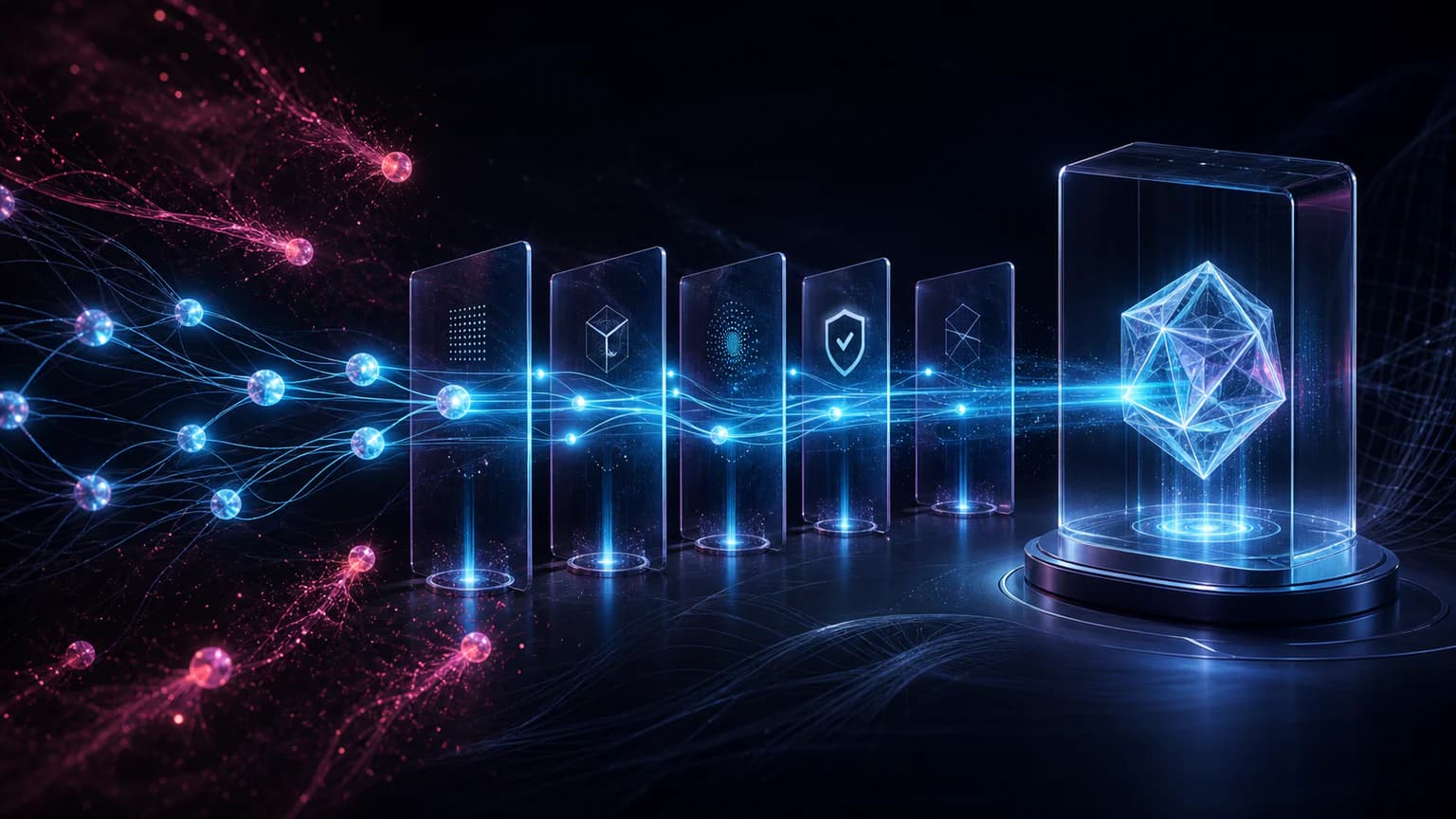Cyan agent nodes moving through glass engineering quality gates toward a finished artifact