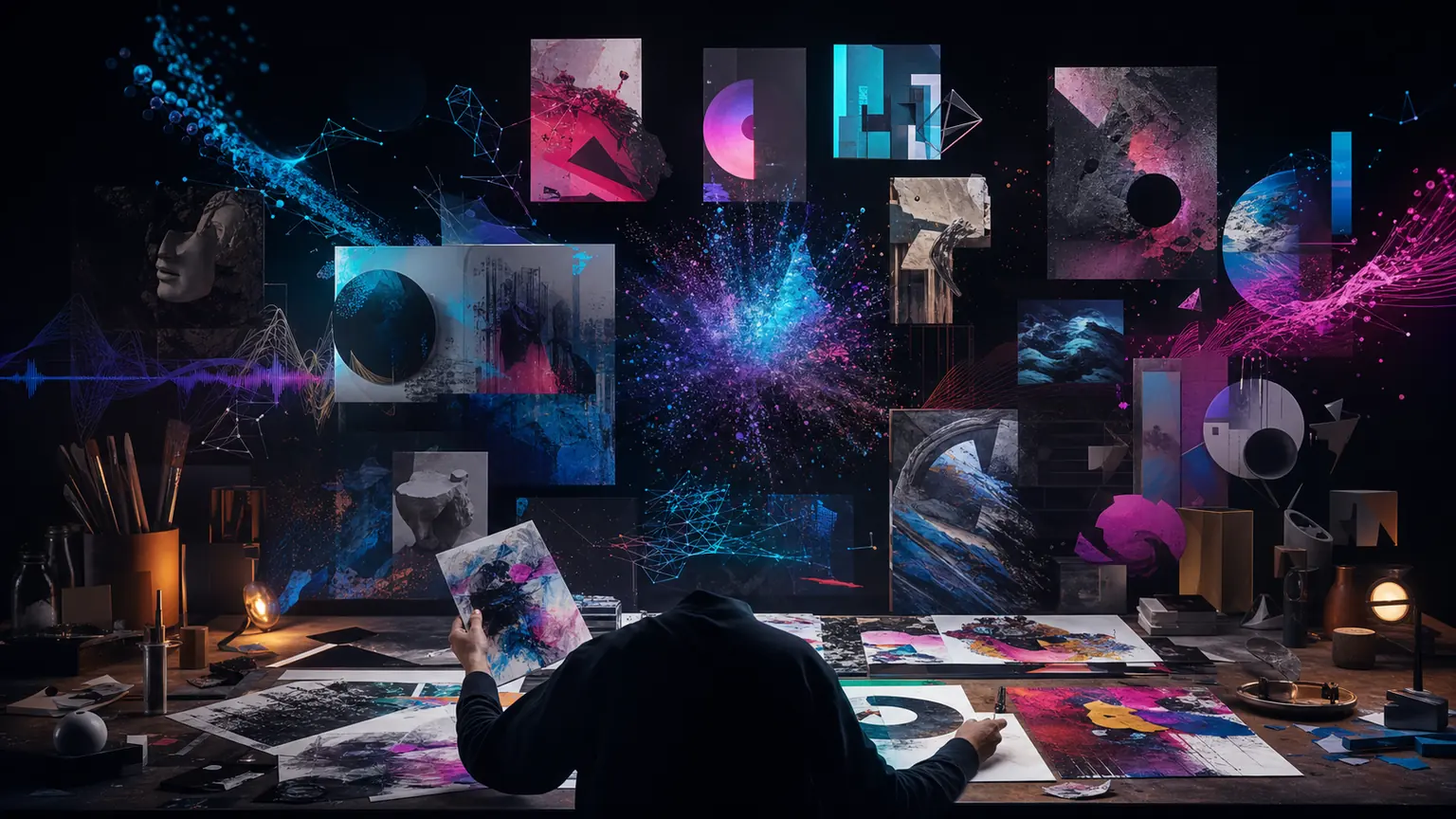 A human artist redirecting a field of repeated machine-made patterns into an unfamiliar form