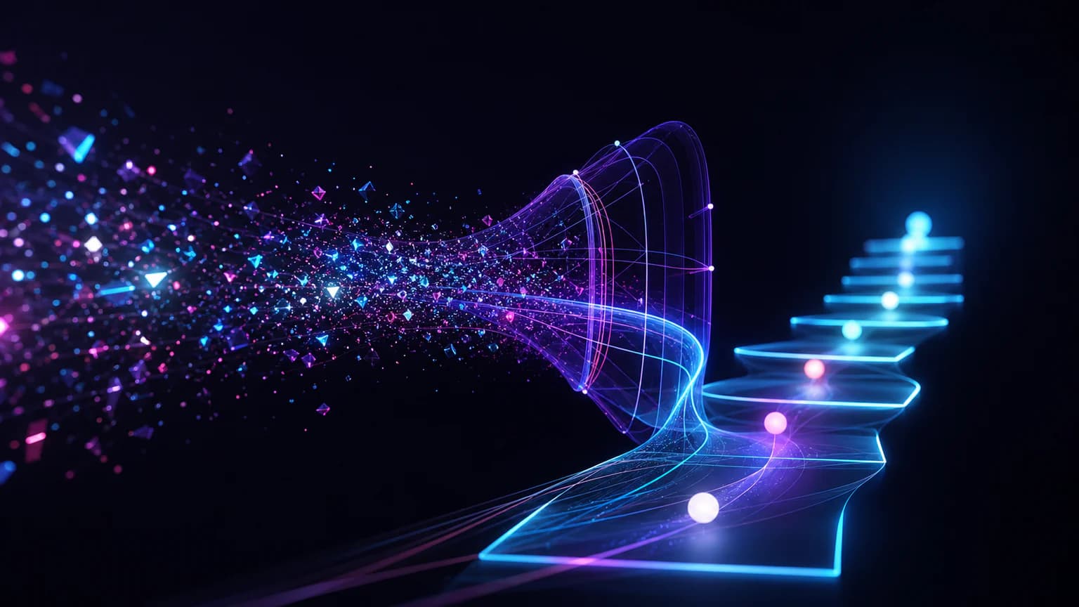 Scattered particles becoming a calm cyan path through a violet external scaffold