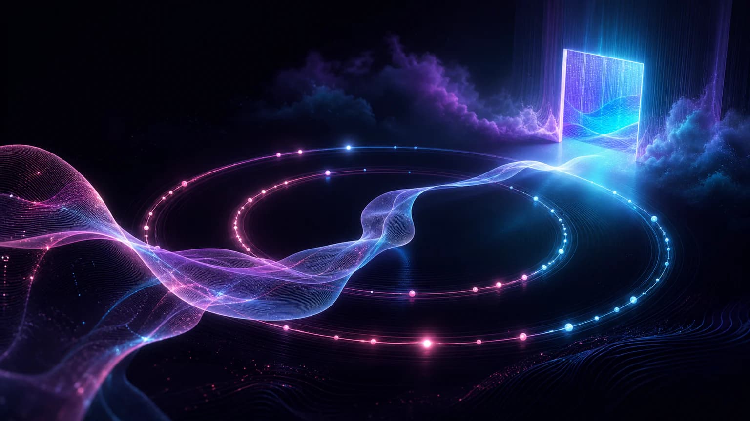 An ambient sound ribbon circling two listening orbits before opening a luminous doorway