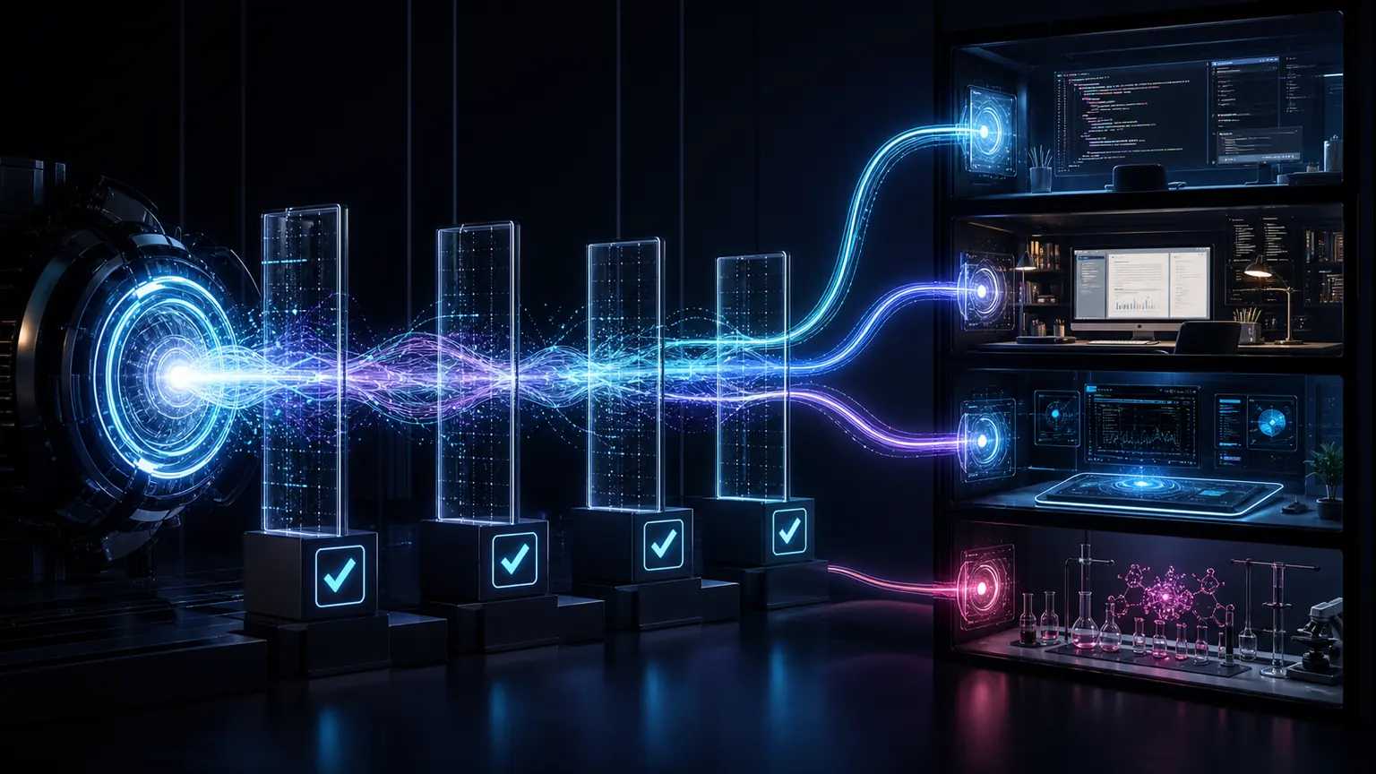 Violet and cyan pathways converging on a bright central AI architecture