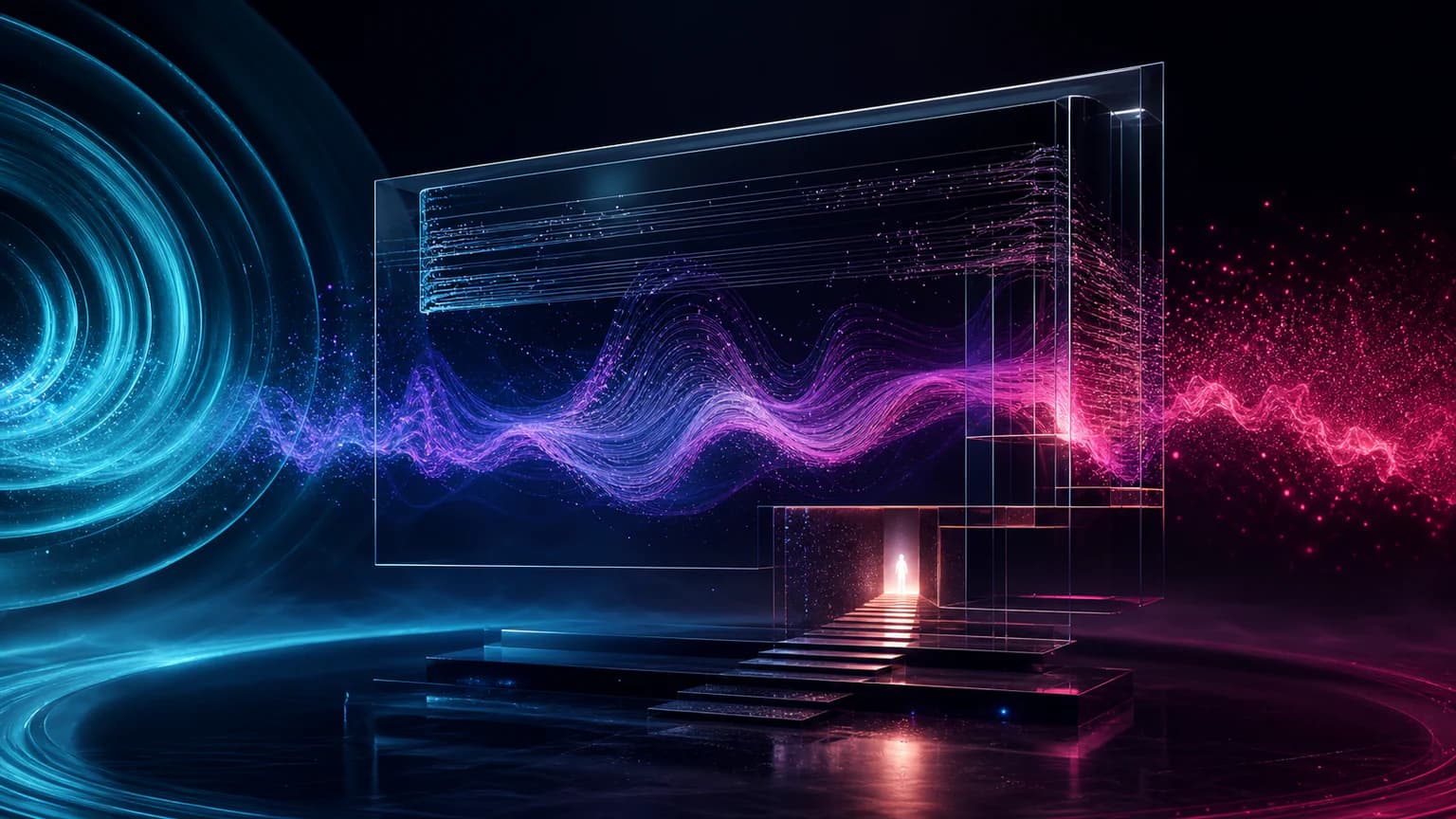 Three cyan violet and magenta frequency layers moving through a glass website frame