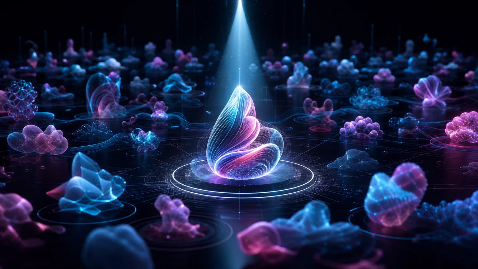 One refined luminous form selected from a field of generated possibilities