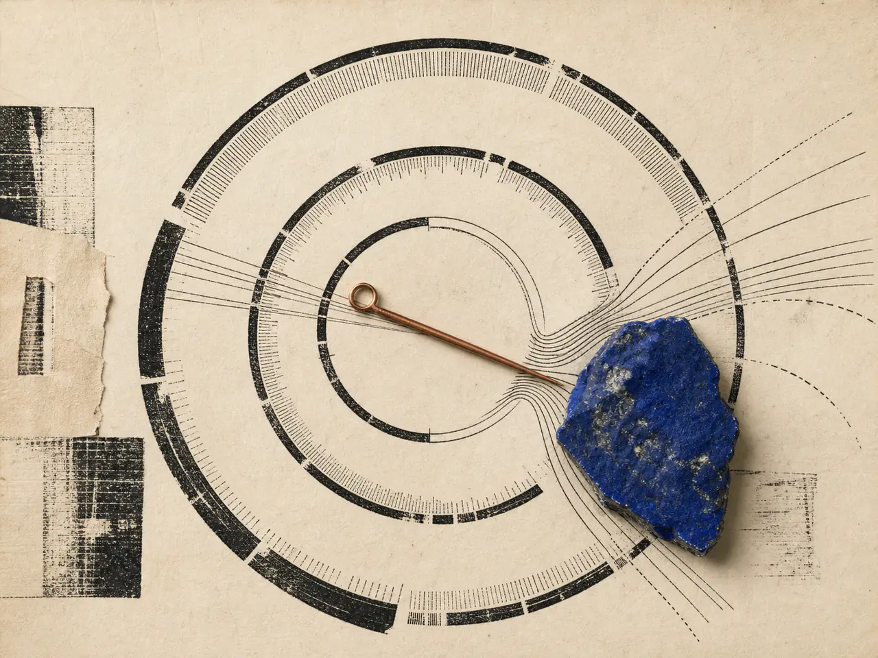 Three nested black calibration rings feed back into one another while a copper needle and a rough ultramarine mineral bend the measurement lines