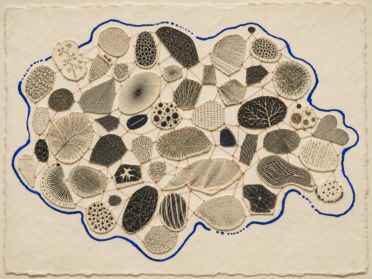 Dozens of distinct engraved paper fragments are connected by fine copper threads inside a single irregular ultramarine boundary