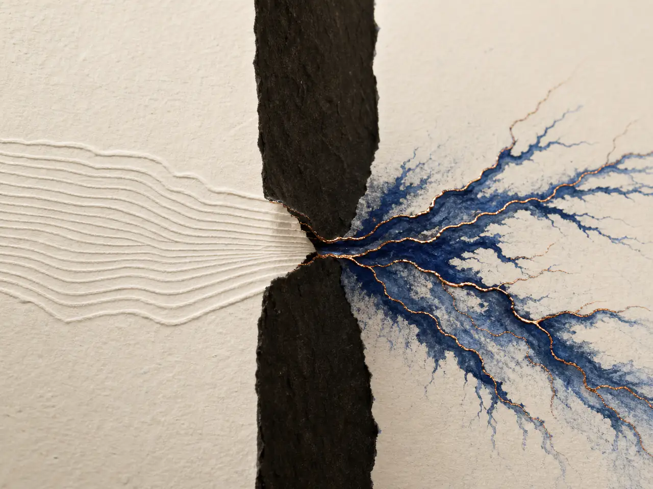 Embossed parallel lines approach a torn black paper wall, pass through a narrow opening, and emerge as branching ultramarine streams traced with copper