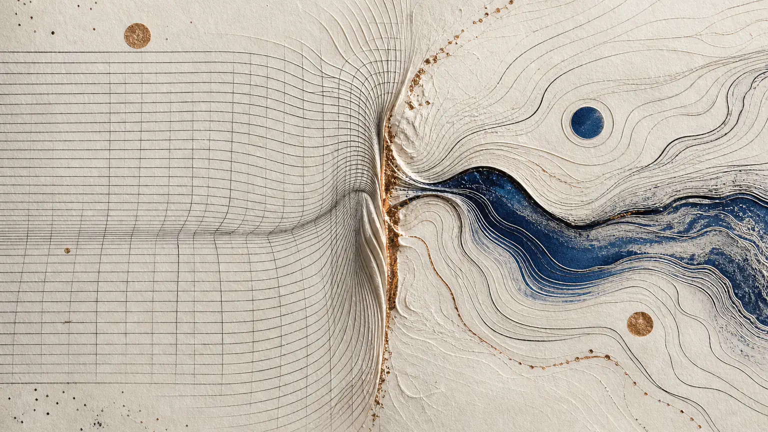 An ivory paper grid bends through a narrow copper threshold and reorganizes into flowing ultramarine contours on the other side