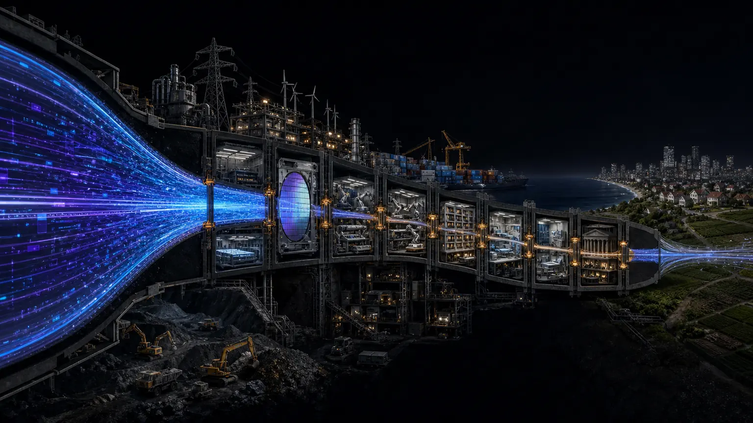 Abundant digital intelligence flowing toward physical bottlenecks of energy, land, materials, trust, and access