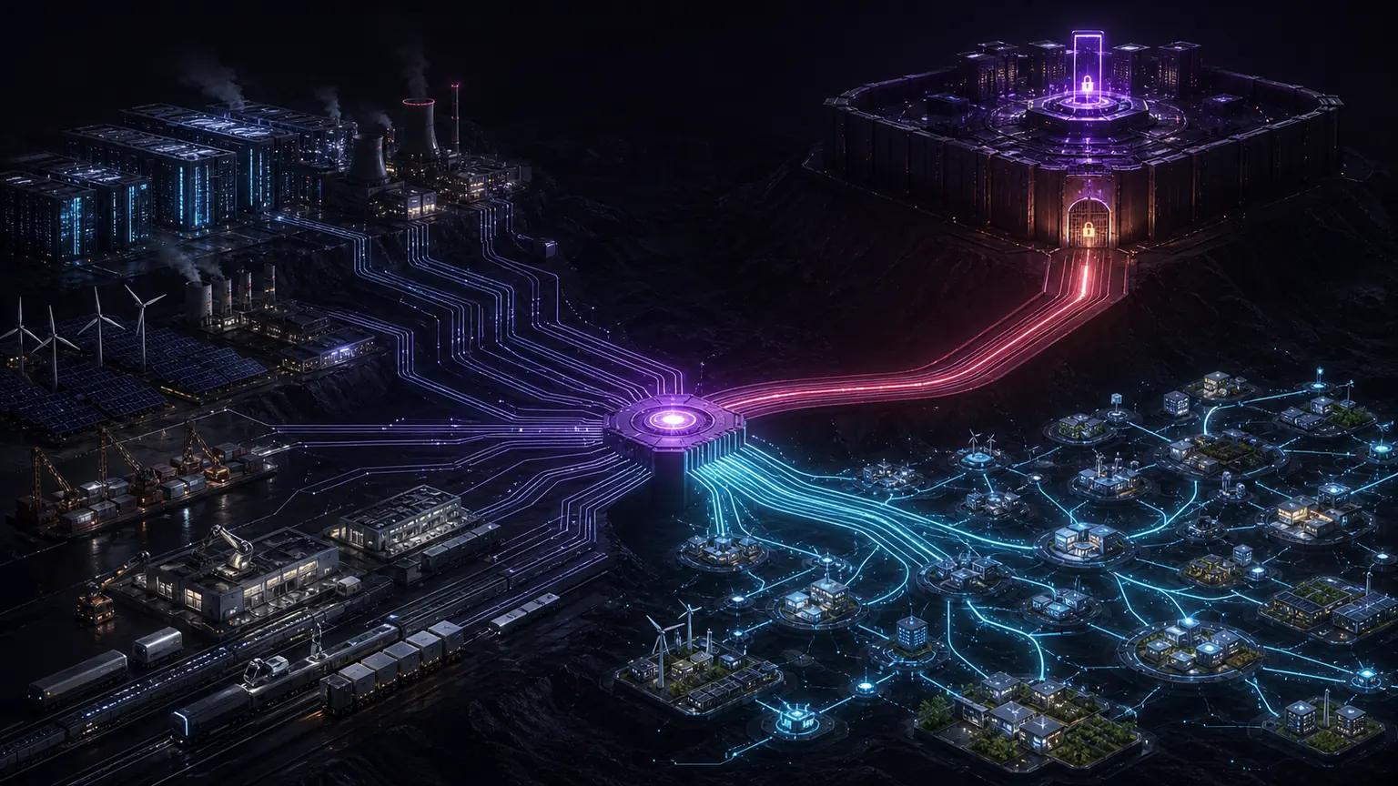 A layered AI economy stack of models, compute, energy, robots, platforms, and public institutions